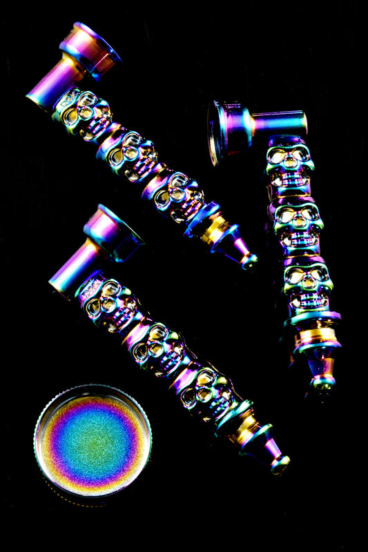 Rainbow Metallic Skull Metal Pipe And Grinder Gift Set $20.00